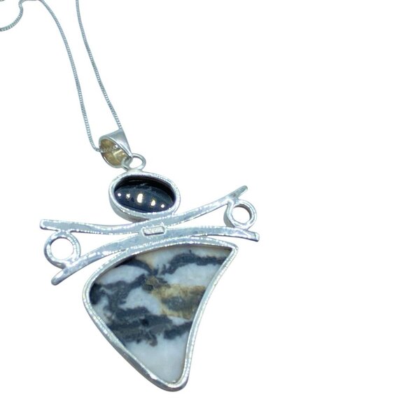 Sterling Silver 925 Zebra Jasper Quartz Pendant Necklace Signed SJ Modernist - Picture 4 of 11